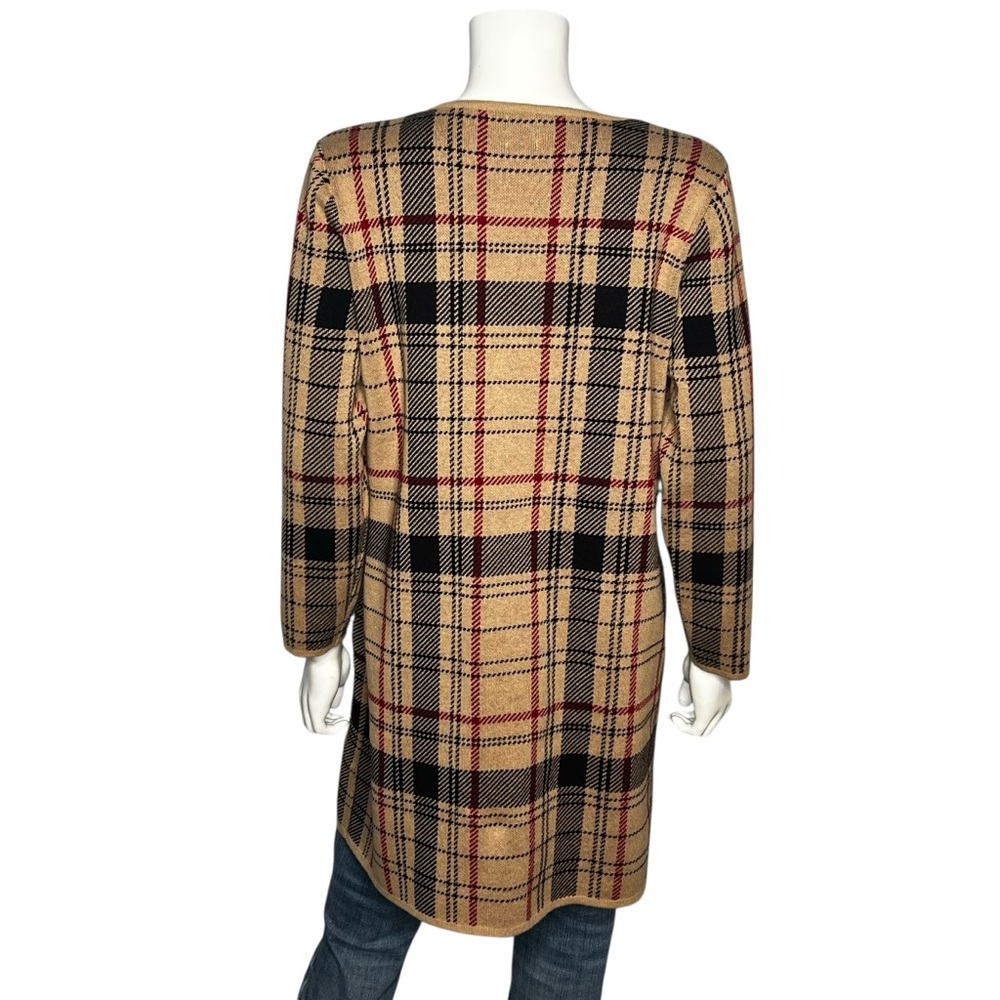 Anne Klein Tan Plaid 3/4 Sleeve Casual Long Cardigan Sweater Womens Size Large - Picture 3 of 6